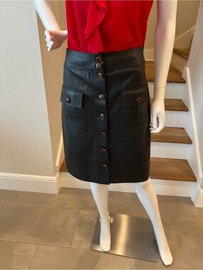 Black Button-Front 100% Genuine Leather Skirt